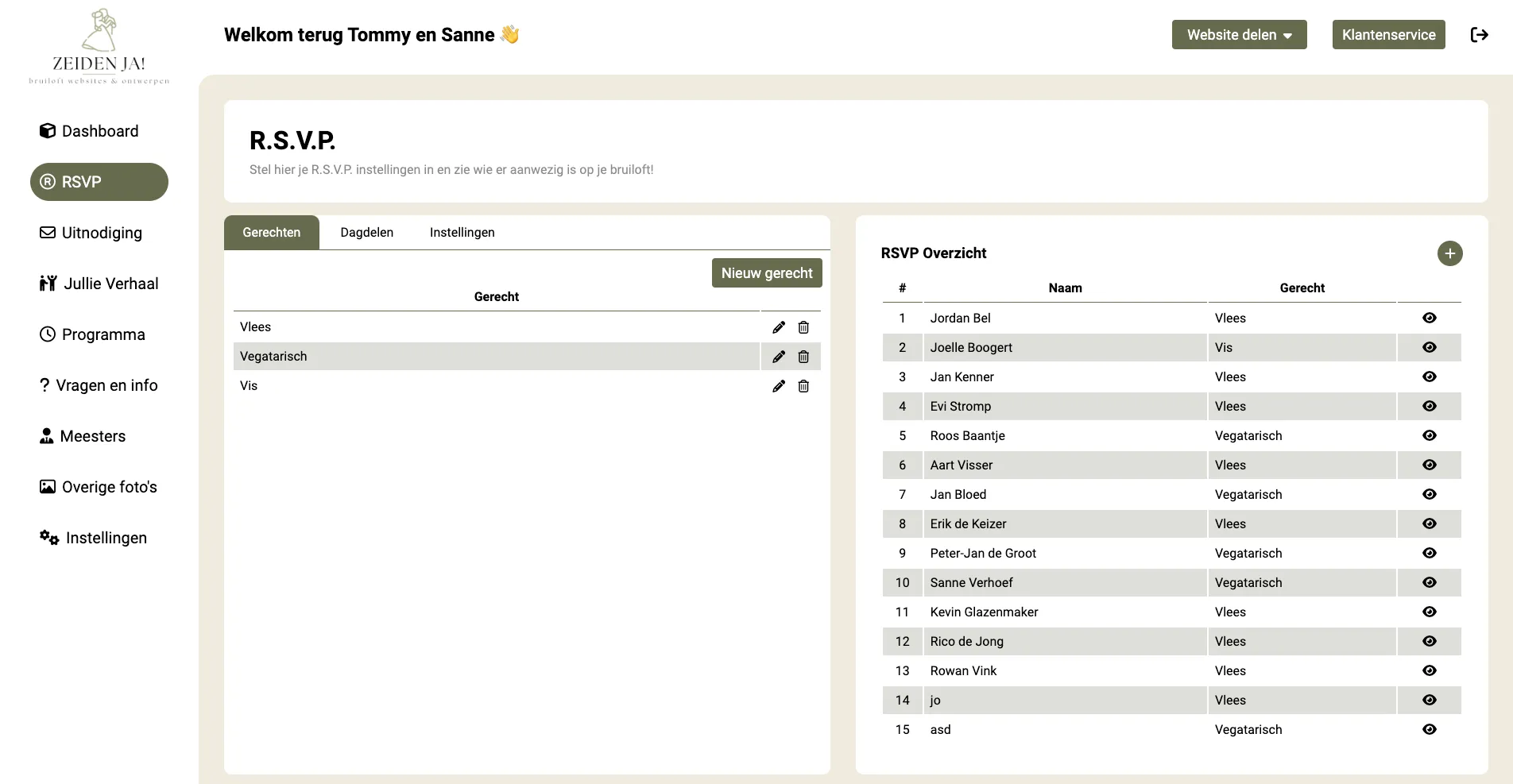Foto van de RSVP module in het Zeiden Ja Beheerportaal
